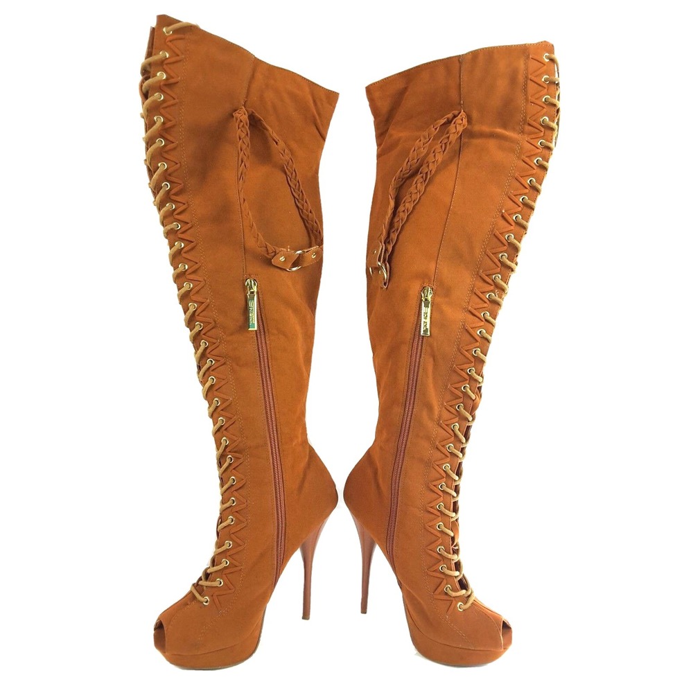 Shiekh Over The Knee Boots Women's Brown Peep Toe 5.5" High Heels Lace Up Sz‎ 7 - Picture 3 of 12